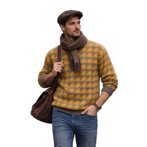 Bonjour International Acrylic Houndstooth Knit Sweater Yellow Gray VTG USA men M